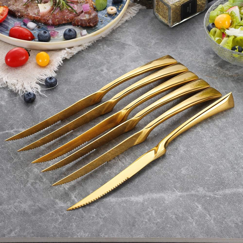 Stainless Steel Steak Knives Set of 6,Forge Steak Knife,Serrated Steak Knives Set,6 Piece Heavy Steak Knives-10 inch,Mirror Polished,Dishwasher Safe (Gold, 6 Pieces Set)