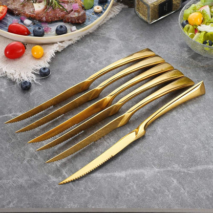 Stainless Steel Steak Knives Set of 6,Forge Steak Knife,Serrated Steak Knives Set,6 Piece Heavy Steak Knives-10 inch,Mirror Polished,Dishwasher Safe (Gold, 6 Pieces Set)
