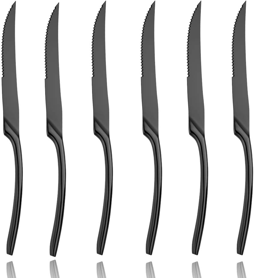 Stainless Steel Steak Knives Set of 6,Forge Steak Knife,Serrated Steak Knives Set,6 Piece Heavy Steak Knives-10 inch,Mirror Polished,Dishwasher Safe (Gold, 6 Pieces Set)