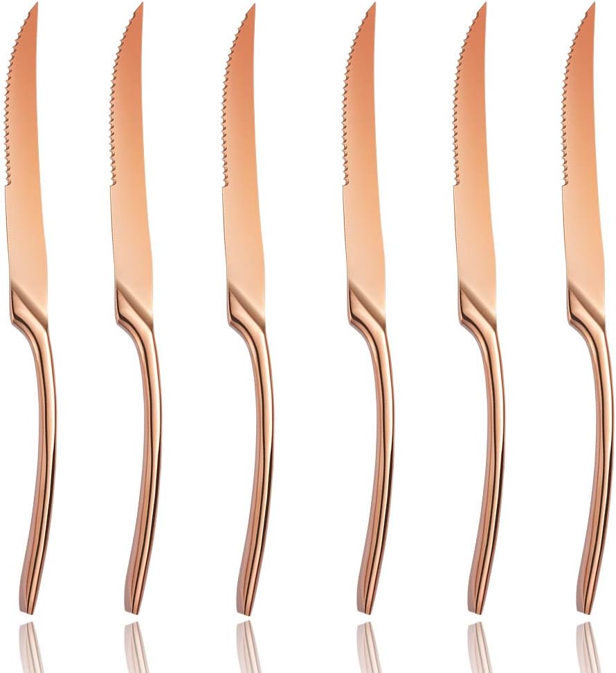 Stainless Steel Steak Knives Set of 6,Forge Steak Knife,Serrated Steak Knives Set,6 Piece Heavy Steak Knives-10 inch,Mirror Polished,Dishwasher Safe (Gold, 6 Pieces Set)