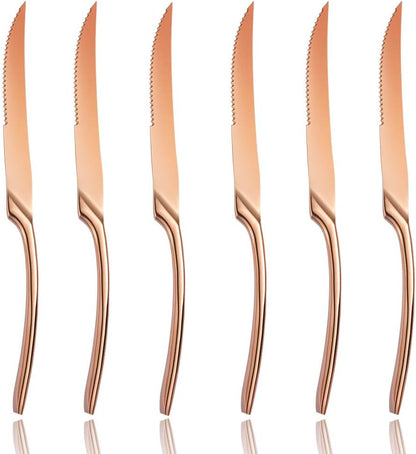 Stainless Steel Steak Knives Set of 6,Forge Steak Knife,Serrated Steak Knives Set,6 Piece Heavy Steak Knives-10 inch,Mirror Polished,Dishwasher Safe (Gold, 6 Pieces Set)