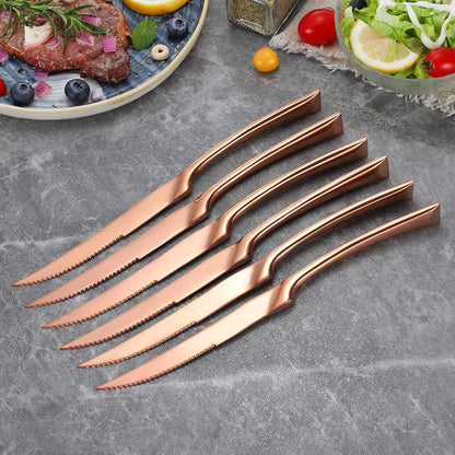 Stainless Steel Steak Knives Set of 6,Forge Steak Knife,Serrated Steak Knives Set,6 Piece Heavy Steak Knives-10 inch,Mirror Polished,Dishwasher Safe (Gold, 6 Pieces Set)