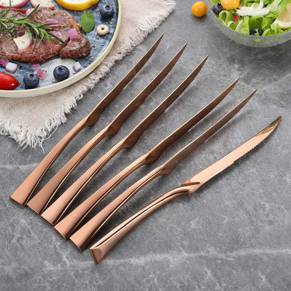 Stainless Steel Steak Knives Set of 6,Forge Steak Knife,Serrated Steak Knives Set,6 Piece Heavy Steak Knives-10 inch,Mirror Polished,Dishwasher Safe (Gold, 6 Pieces Set)