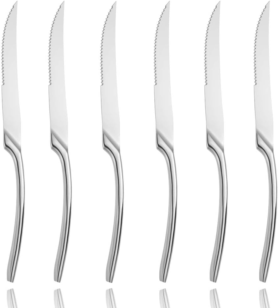 Stainless Steel Steak Knives Set of 6,Forge Steak Knife,Serrated Steak Knives Set,6 Piece Heavy Steak Knives-10 inch,Mirror Polished,Dishwasher Safe (Gold, 6 Pieces Set)