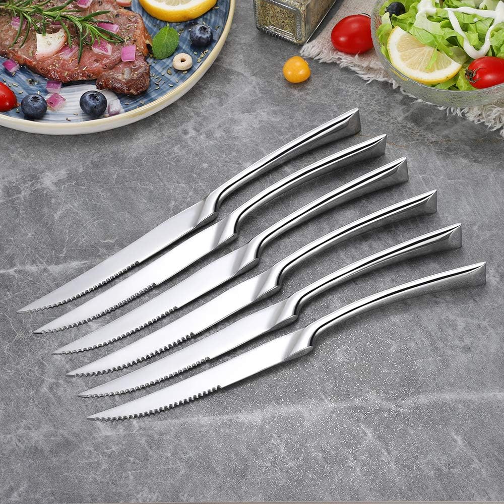 Stainless Steel Steak Knives Set of 6,Forge Steak Knife,Serrated Steak Knives Set,6 Piece Heavy Steak Knives-10 inch,Mirror Polished,Dishwasher Safe (Gold, 6 Pieces Set)