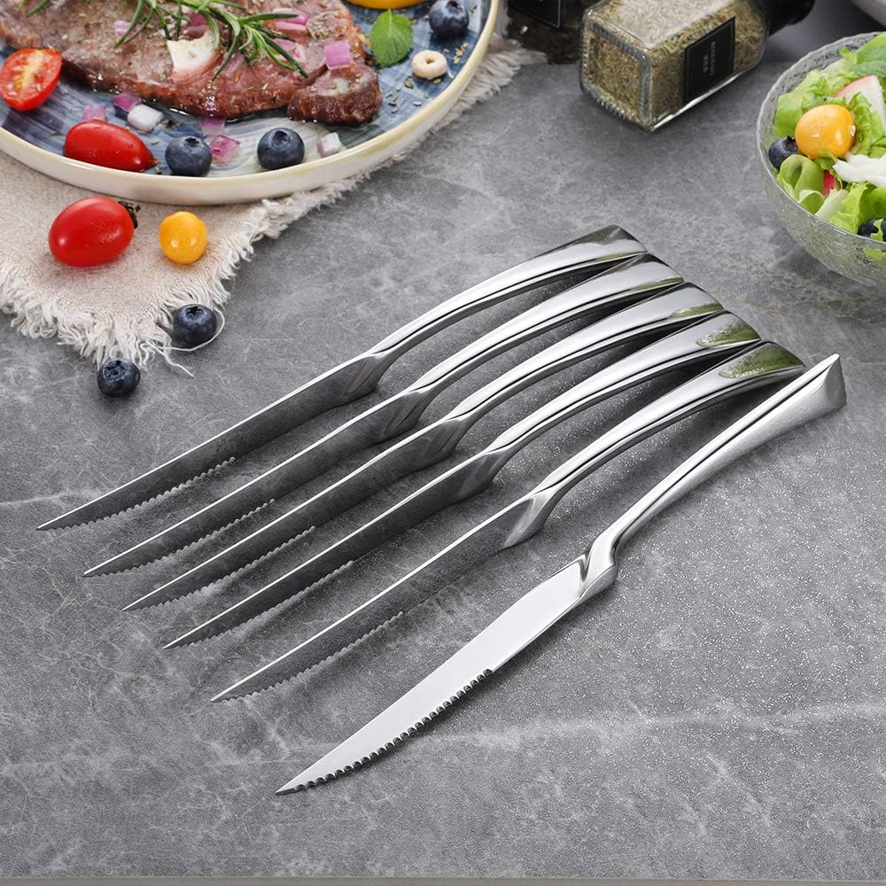 Stainless Steel Steak Knives Set of 6,Forge Steak Knife,Serrated Steak Knives Set,6 Piece Heavy Steak Knives-10 inch,Mirror Polished,Dishwasher Safe (Gold, 6 Pieces Set)