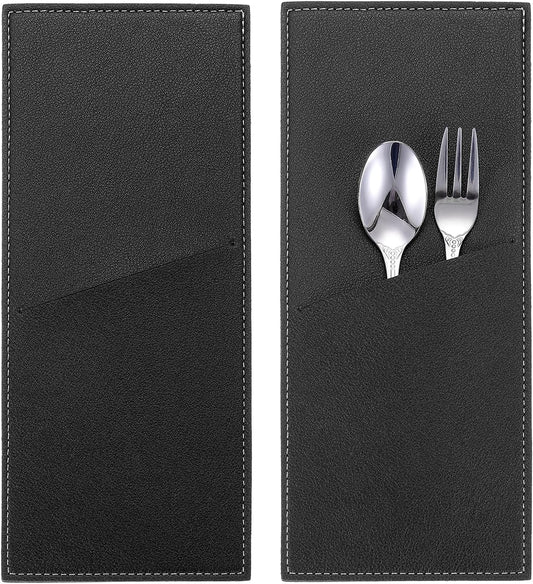 2 Pcs Leather Cutlery Sleeve Silverware Utensil Holders Knife and Fork Bag Pouch Flatware Storage Sleeves for Dinner Table Home Kitchen Table Decoration, Black