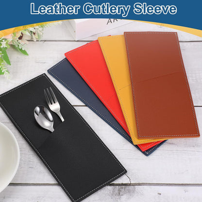2 Pcs Leather Cutlery Sleeve Silverware Utensil Holders Knife and Fork Bag Pouch Flatware Storage Sleeves for Dinner Table Home Kitchen Table Decoration, Black