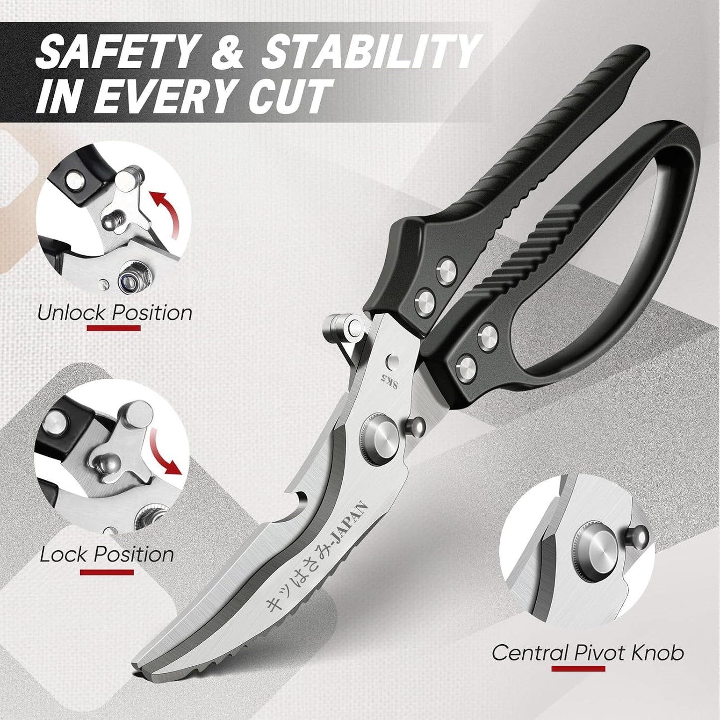 Multifunctional Poultry Shears Black with Non-Slip Handle | Japanese SK5 High-carbon Stainless Steel, Ergonomic Non-Slip Handle, Gift Box, for Chicken, Meat, Turkey, Fish, Vegetables