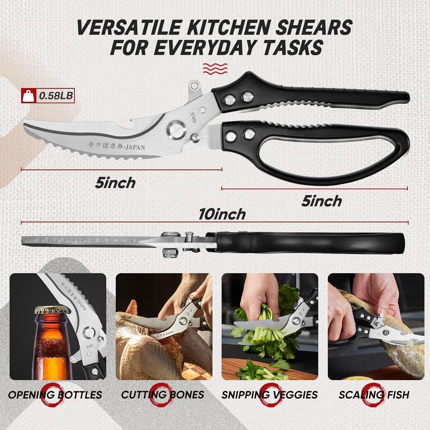 Multifunctional Poultry Shears Black with Non-Slip Handle | Japanese SK5 High-carbon Stainless Steel, Ergonomic Non-Slip Handle, Gift Box, for Chicken, Meat, Turkey, Fish, Vegetables