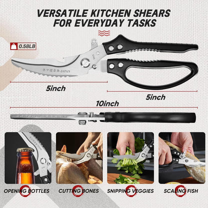 Multifunctional Poultry Shears Black with Non-Slip Handle | Japanese SK5 High-carbon Stainless Steel, Ergonomic Non-Slip Handle, Gift Box, for Chicken, Meat, Turkey, Fish, Vegetables