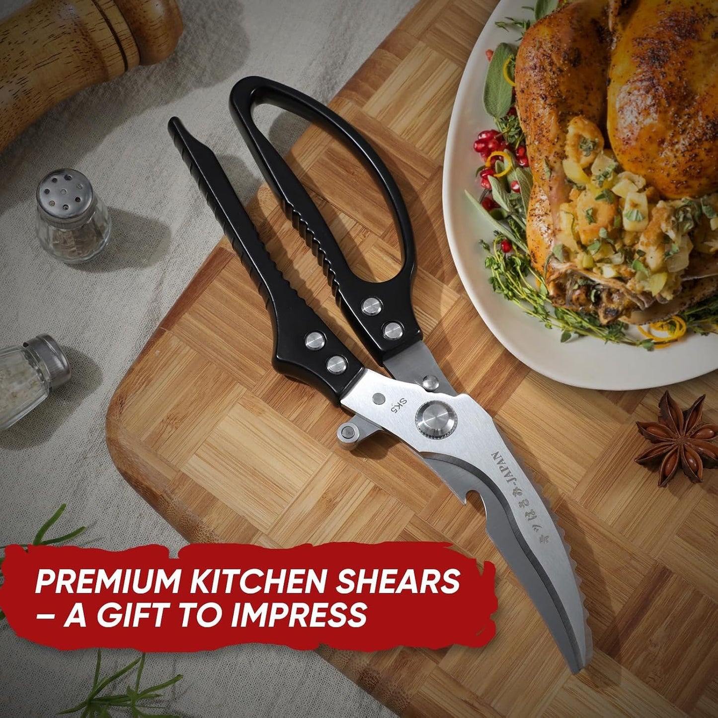 Multifunctional Poultry Shears Black with Non-Slip Handle | Japanese SK5 High-carbon Stainless Steel, Ergonomic Non-Slip Handle, Gift Box, for Chicken, Meat, Turkey, Fish, Vegetables