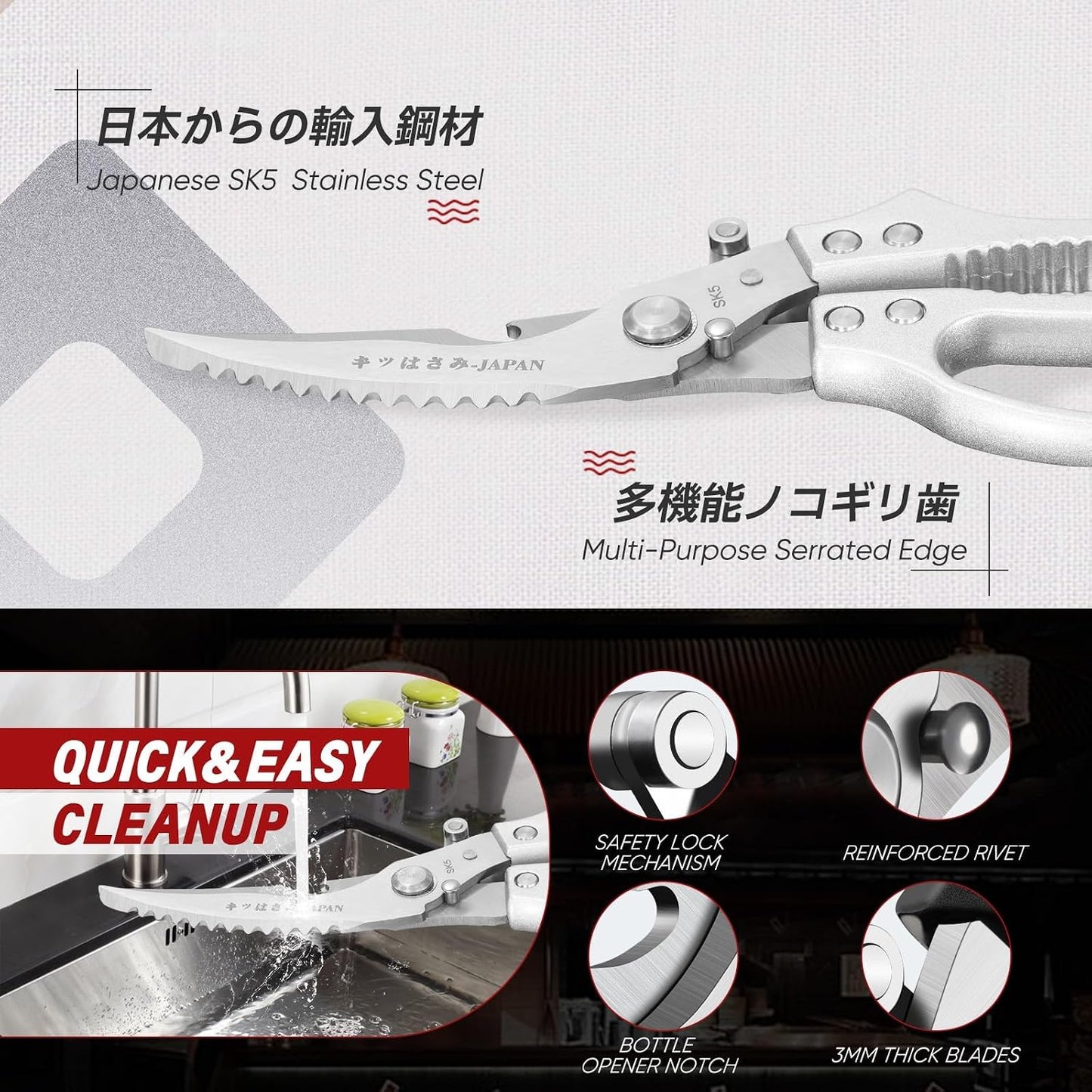 Multifunctional Poultry Shears Black with Non-Slip Handle | Japanese SK5 High-carbon Stainless Steel, Ergonomic Non-Slip Handle, Gift Box, for Chicken, Meat, Turkey, Fish, Vegetables