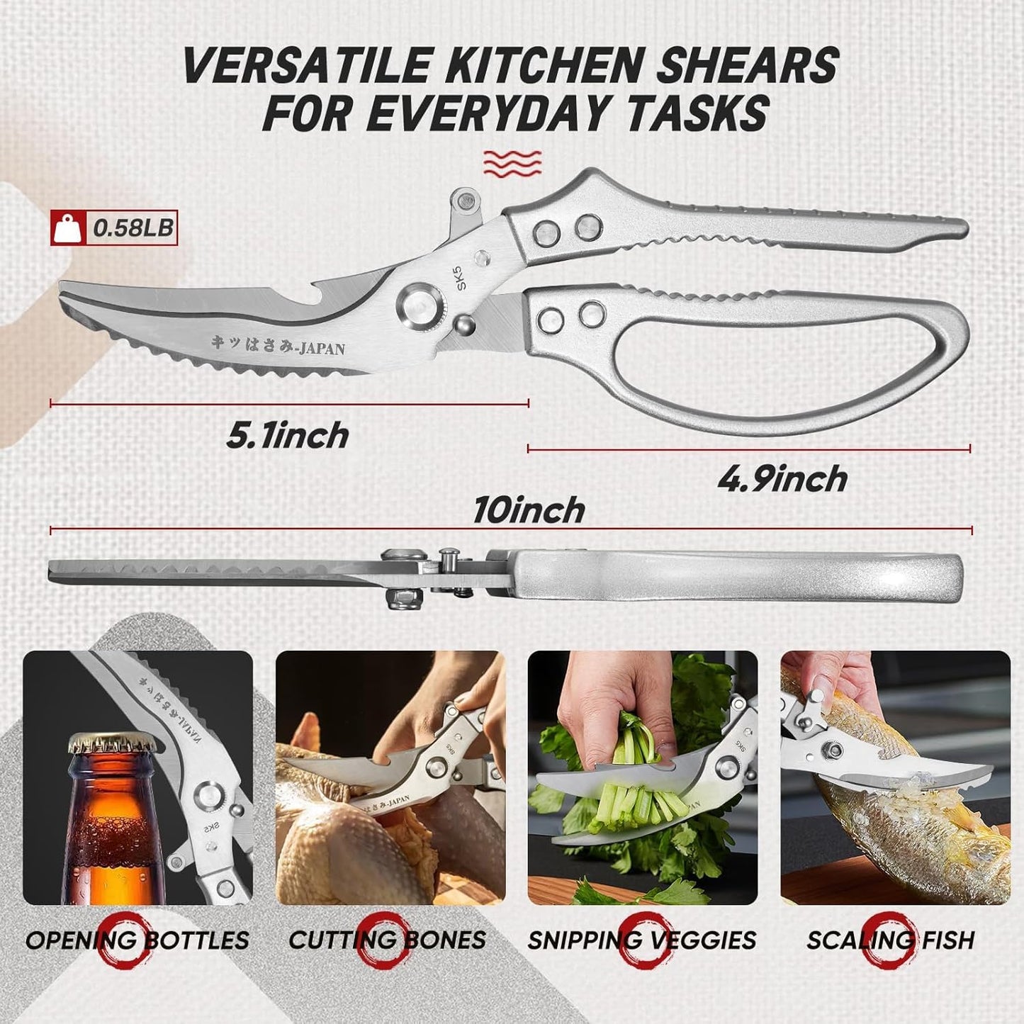 Multifunctional Poultry Shears Black with Non-Slip Handle | Japanese SK5 High-carbon Stainless Steel, Ergonomic Non-Slip Handle, Gift Box, for Chicken, Meat, Turkey, Fish, Vegetables