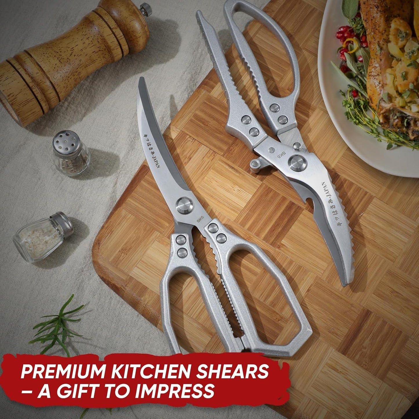 Multifunctional Poultry Shears Black with Non-Slip Handle | Japanese SK5 High-carbon Stainless Steel, Ergonomic Non-Slip Handle, Gift Box, for Chicken, Meat, Turkey, Fish, Vegetables