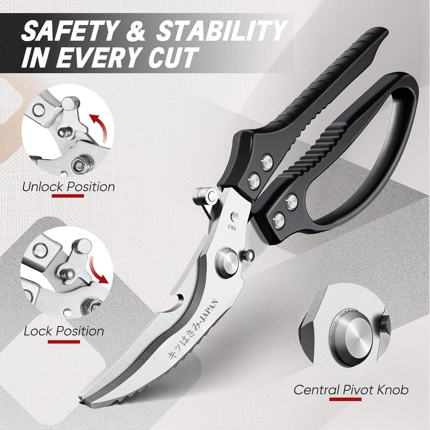 Multifunctional Poultry Shears Black with Non-Slip Handle | Japanese SK5 High-carbon Stainless Steel, Ergonomic Non-Slip Handle, Gift Box, for Chicken, Meat, Turkey, Fish, Vegetables