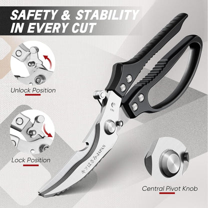 Multifunctional Poultry Shears Black with Non-Slip Handle | Japanese SK5 High-carbon Stainless Steel, Ergonomic Non-Slip Handle, Gift Box, for Chicken, Meat, Turkey, Fish, Vegetables