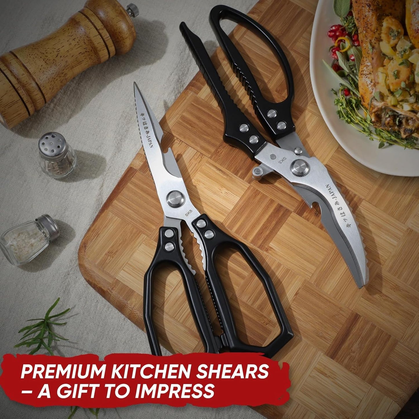 Multifunctional Poultry Shears Black with Non-Slip Handle | Japanese SK5 High-carbon Stainless Steel, Ergonomic Non-Slip Handle, Gift Box, for Chicken, Meat, Turkey, Fish, Vegetables