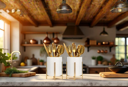 Utensil Caddy for Weddings and Parties,Sturdy Metal and Ceramics,Decorate Kitchen and Dining Table, White gold