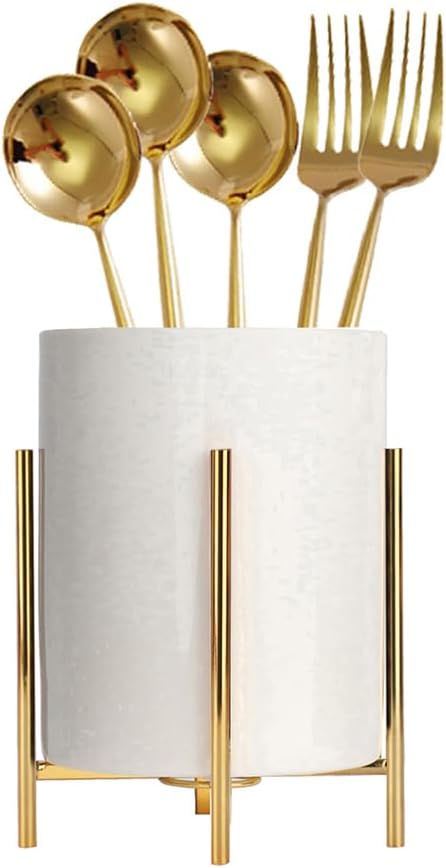 Utensil Caddy for Weddings and Parties,Sturdy Metal and Ceramics,Decorate Kitchen and Dining Table, White gold