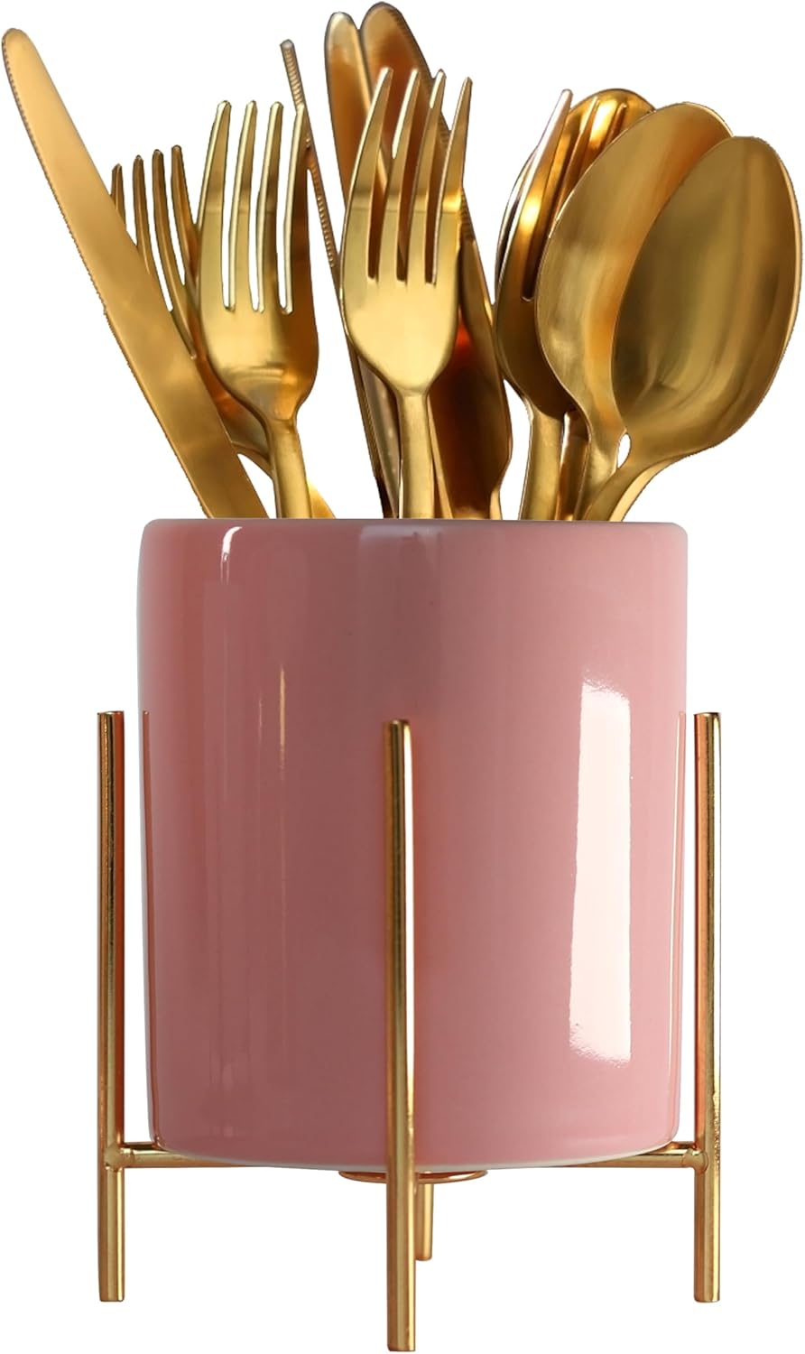 Utensil Caddy for Weddings and Parties,Sturdy Metal and Ceramics,Decorate Kitchen and Dining Table, White gold