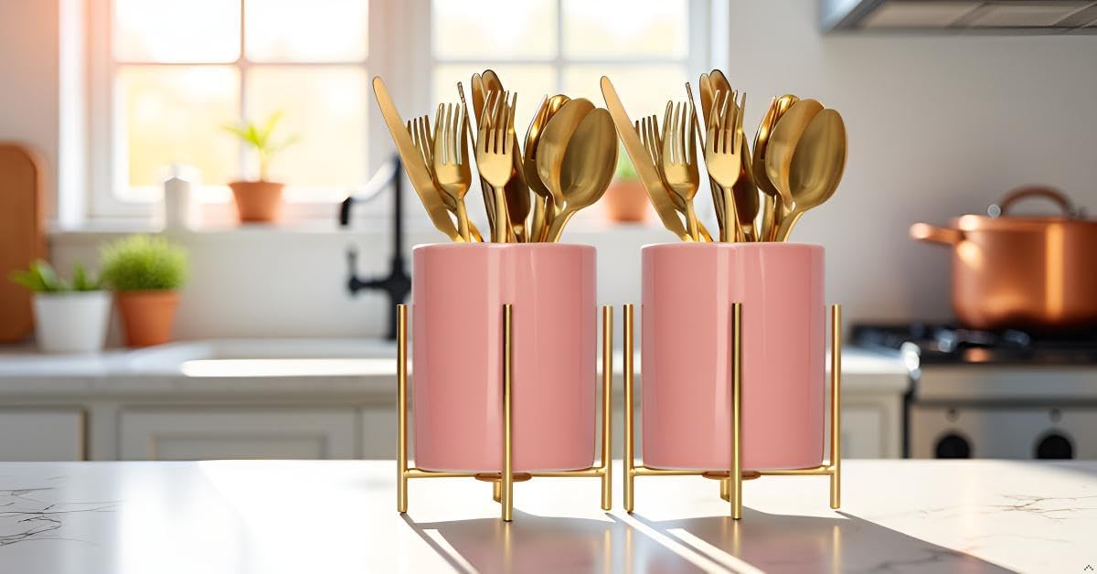 Utensil Caddy for Weddings and Parties,Sturdy Metal and Ceramics,Decorate Kitchen and Dining Table, White gold
