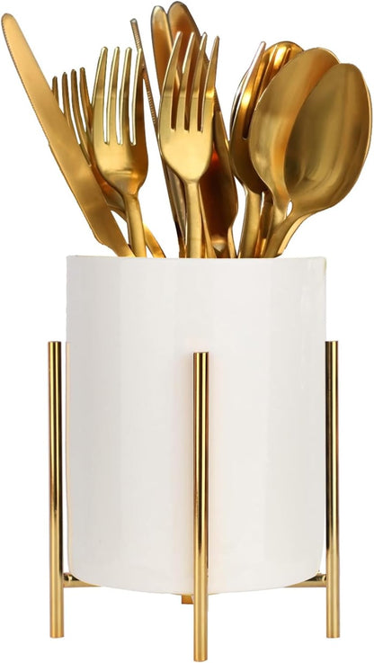 Utensil Caddy for Weddings and Parties,Sturdy Metal and Ceramics,Decorate Kitchen and Dining Table, White gold