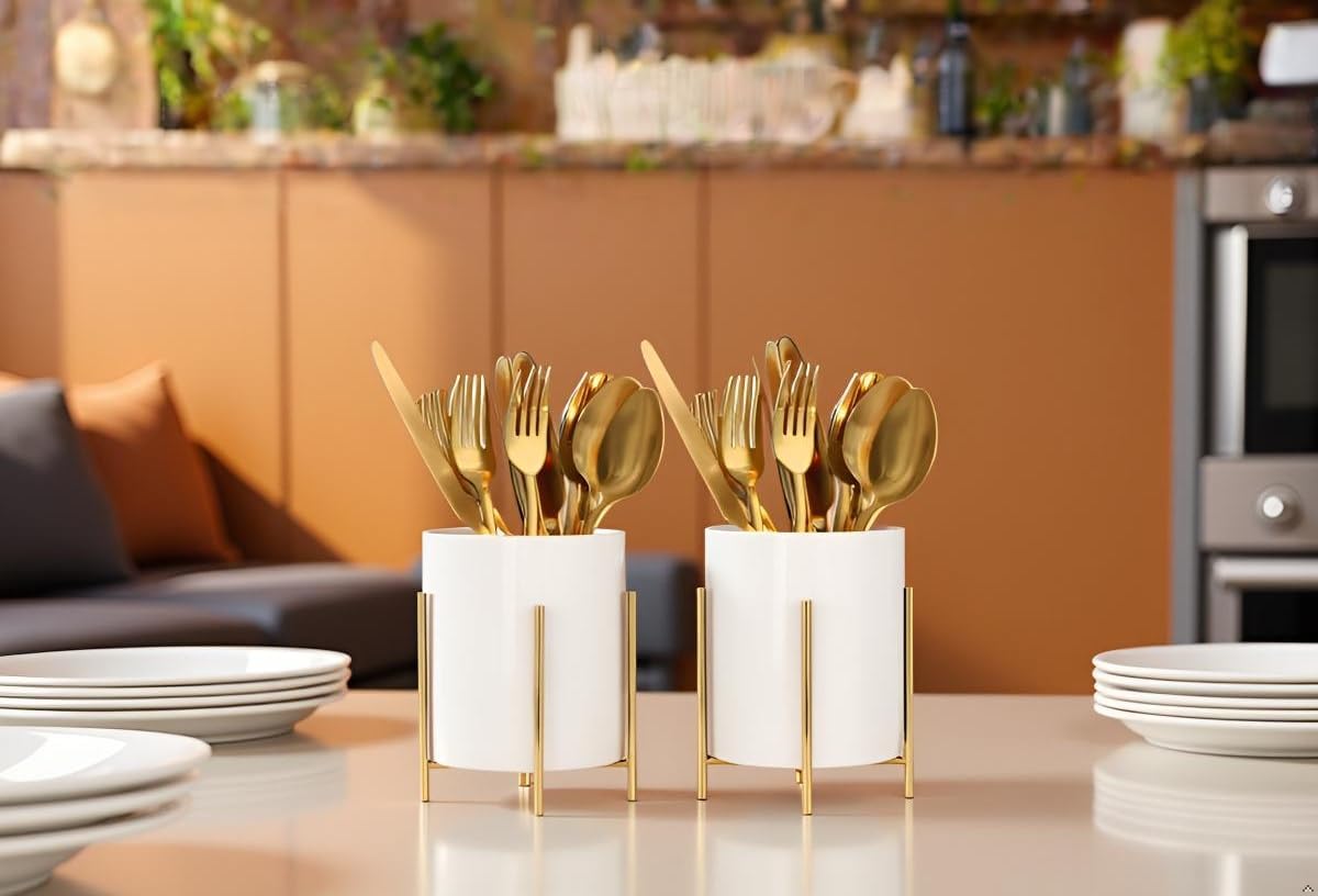 Utensil Caddy for Weddings and Parties,Sturdy Metal and Ceramics,Decorate Kitchen and Dining Table, White gold