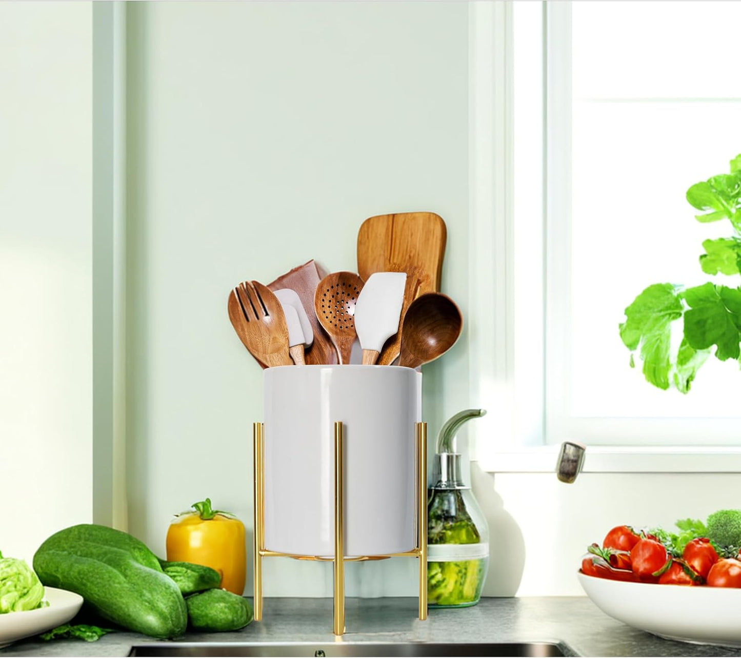 Utensil Caddy for Weddings and Parties,Sturdy Metal and Ceramics,Decorate Kitchen and Dining Table, White gold