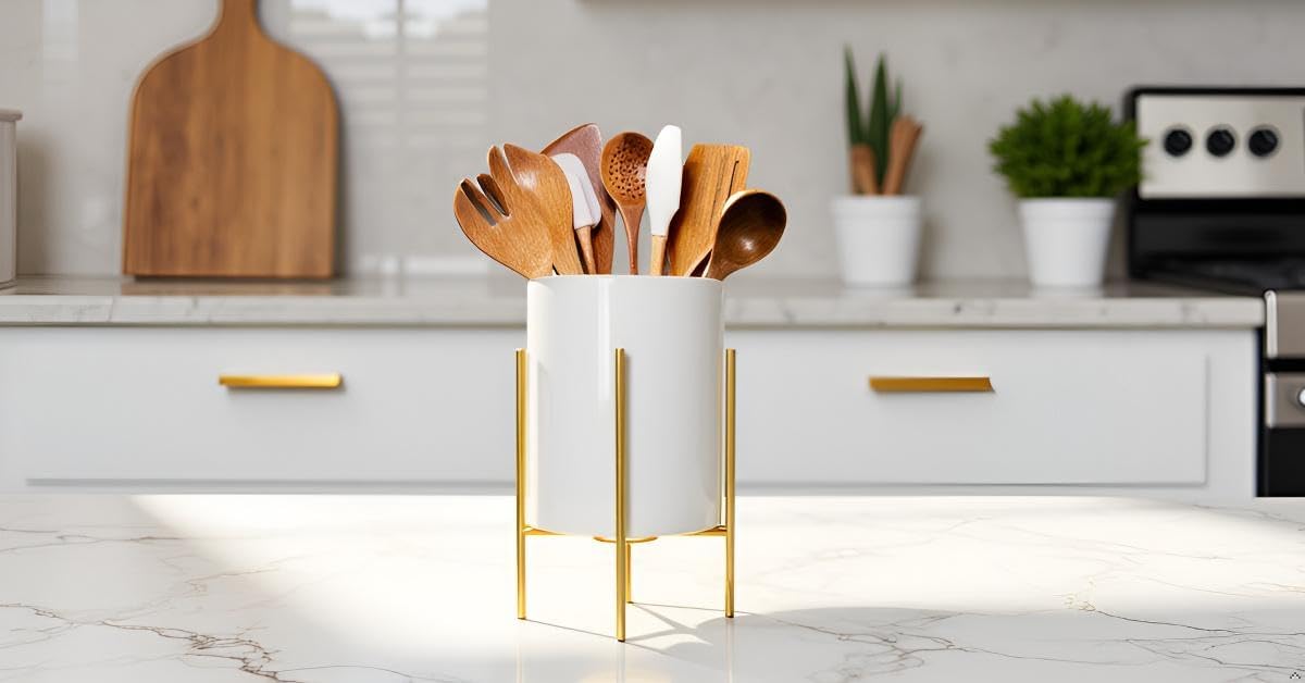 Utensil Caddy for Weddings and Parties,Sturdy Metal and Ceramics,Decorate Kitchen and Dining Table, White gold