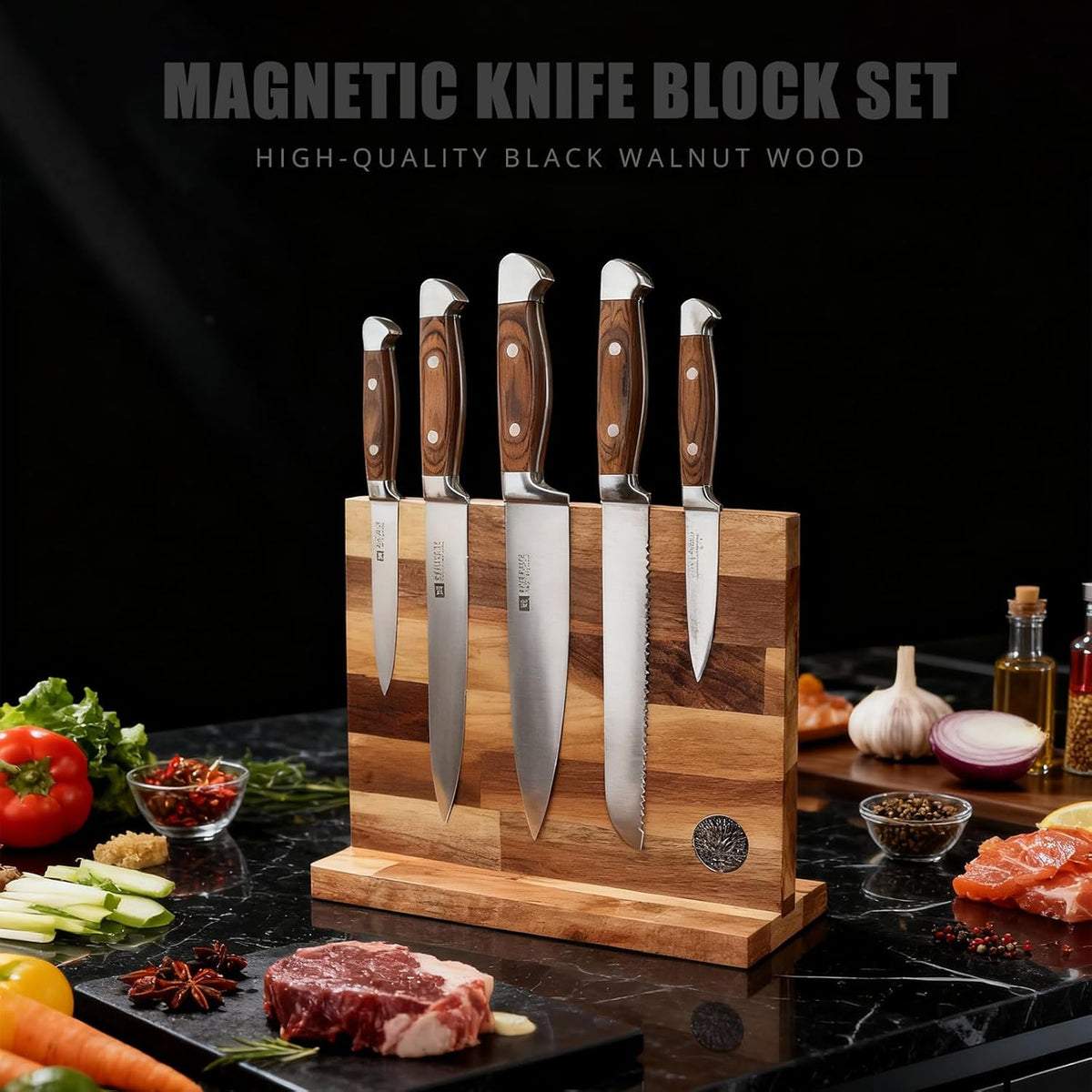 7-Piece Kitchen Knife Set with Magnetic Block - High Carbon Stainless Steel, Hand-Forged, Dishwasher Safe - Professional Knives Set with Block, Versatile Knife Sets for Kitchen