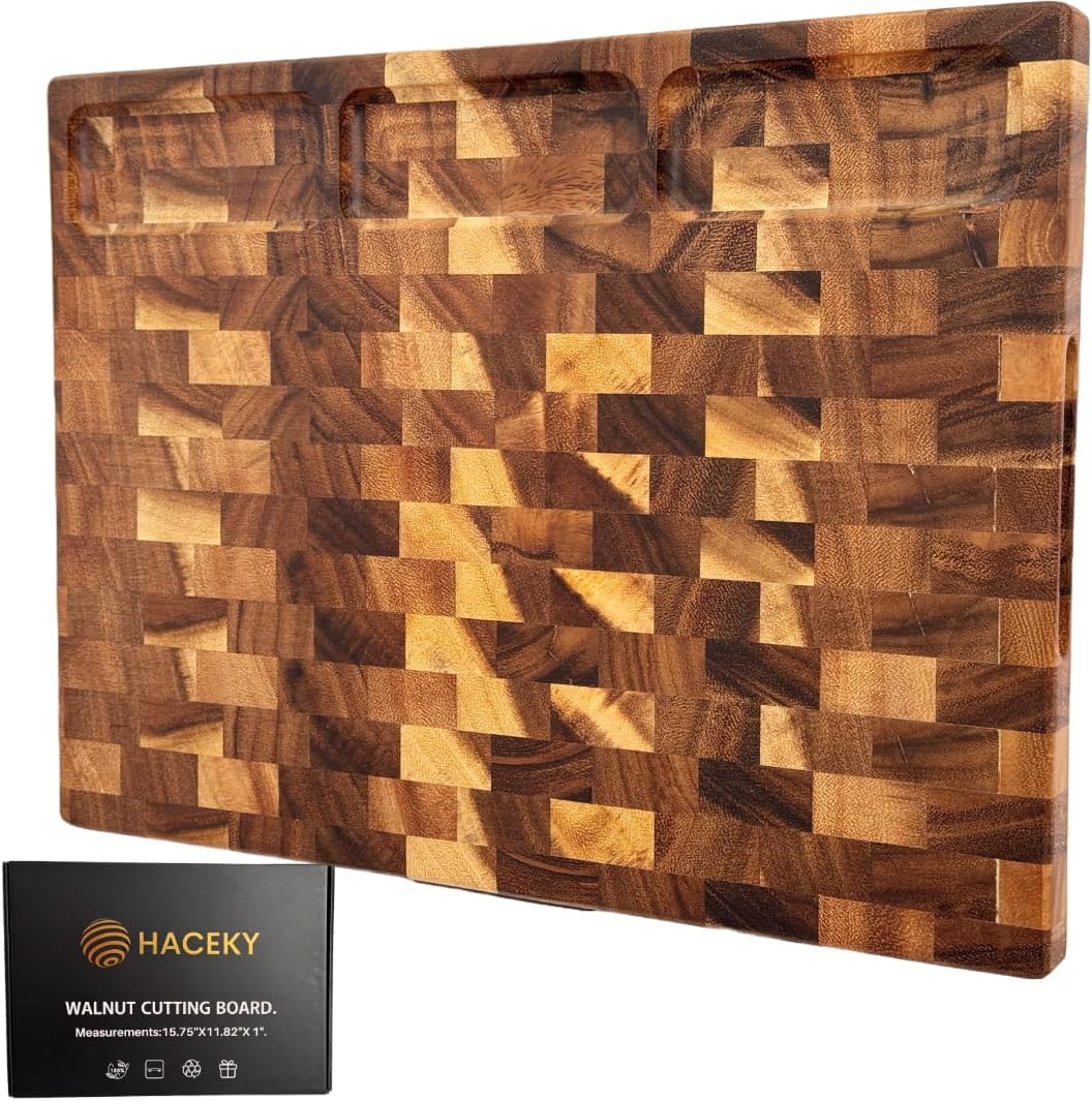 End Grain Walnut Wood Cutting Board with Juice Groove - 16x12 Kitchen Butcher Block with Compartments - Reversible Charcuterie Board for Meat and Cheese - Gift Box Included