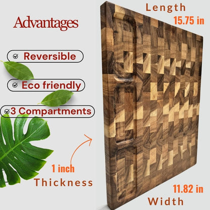 End Grain Walnut Wood Cutting Board with Juice Groove - 16x12 Kitchen Butcher Block with Compartments - Reversible Charcuterie Board for Meat and Cheese - Gift Box Included