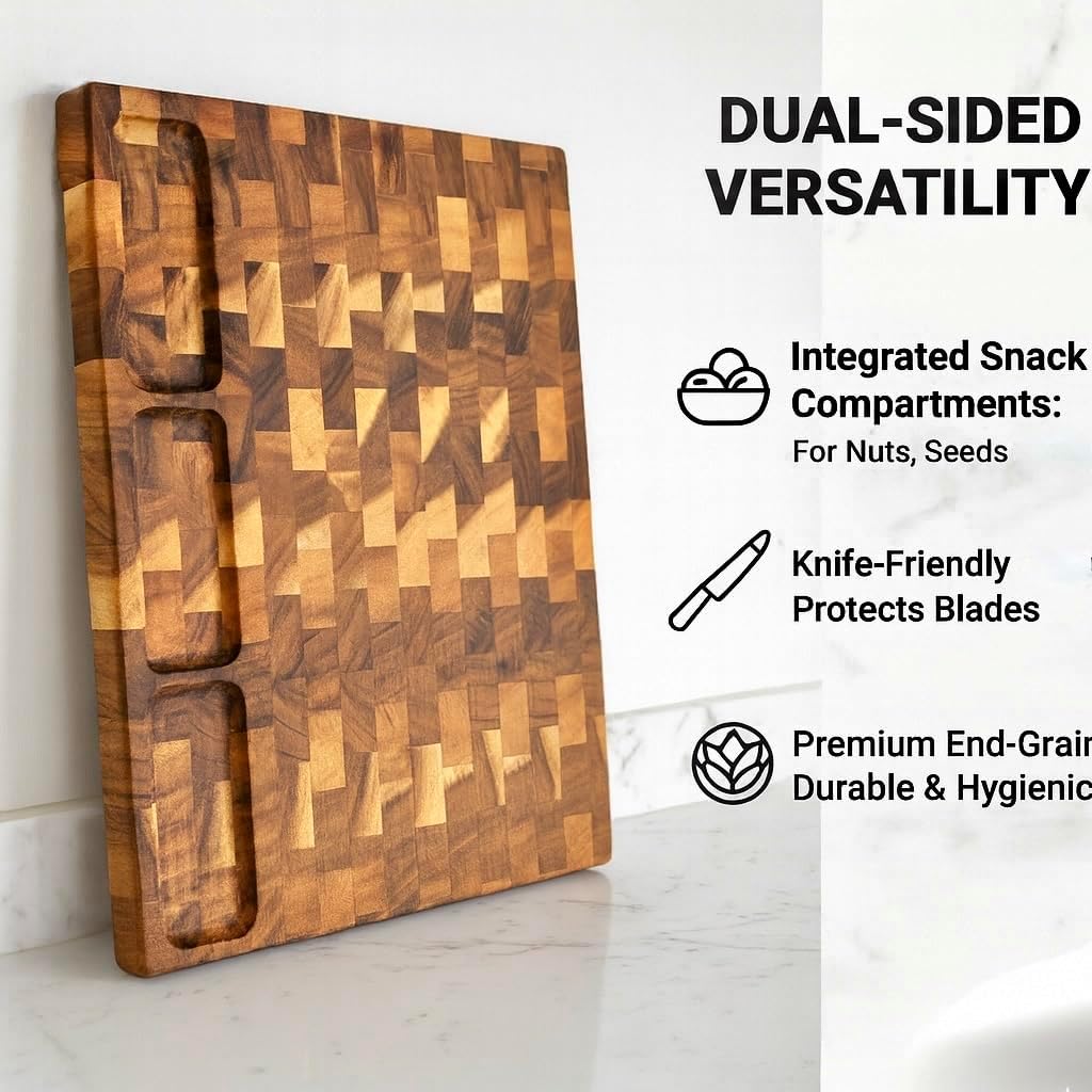 End Grain Walnut Wood Cutting Board with Juice Groove - 16x12 Kitchen Butcher Block with Compartments - Reversible Charcuterie Board for Meat and Cheese - Gift Box Included