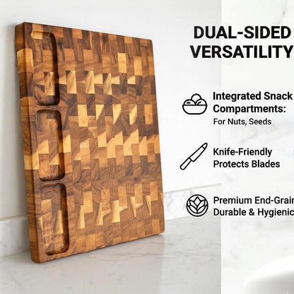 End Grain Walnut Wood Cutting Board with Juice Groove - 16x12 Kitchen Butcher Block with Compartments - Reversible Charcuterie Board for Meat and Cheese - Gift Box Included