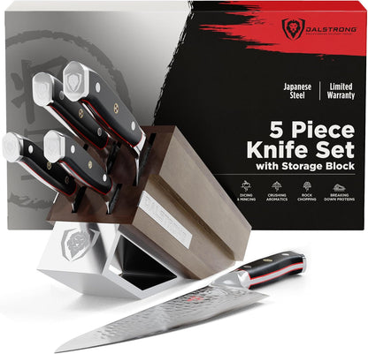 5-Piece Japanese Knife Block Set — 66-Layer Damascus AUS-10V Steel (8–12° Edge), Chef + Santoku + Utility + Bread + Paring — Shogun ELITE For Serious Home Cooks & Culinary Gifts