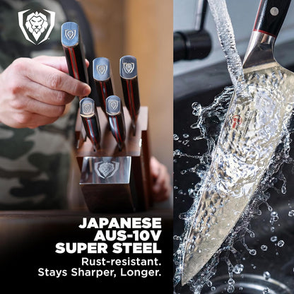 5-Piece Japanese Knife Block Set — 66-Layer Damascus AUS-10V Steel (8–12° Edge), Chef + Santoku + Utility + Bread + Paring — Shogun ELITE For Serious Home Cooks & Culinary Gifts
