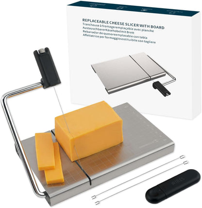 Replaceable Wire Cheese Slicer with Board and Measuring Grids,Tightness Adjustable Cheese Slicer, Stainless Steel Metal Cheese Cutter for Block Cheese, Dishwasher Safe, with 2 Extra Wires