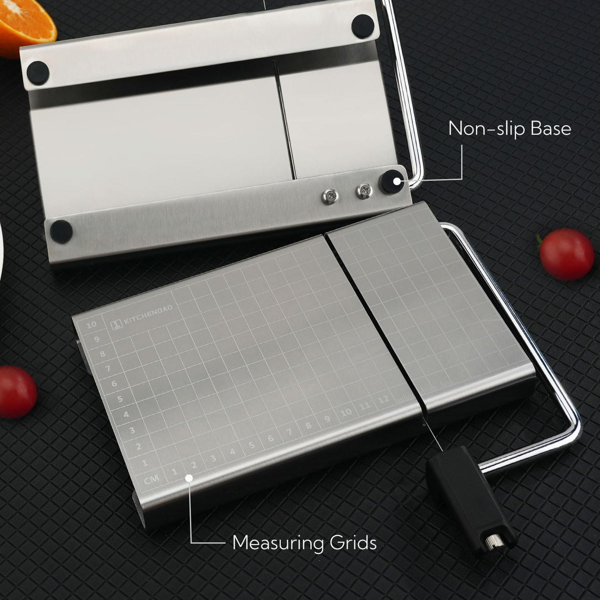 Replaceable Wire Cheese Slicer with Board and Measuring Grids,Tightness Adjustable Cheese Slicer, Stainless Steel Metal Cheese Cutter for Block Cheese, Dishwasher Safe, with 2 Extra Wires