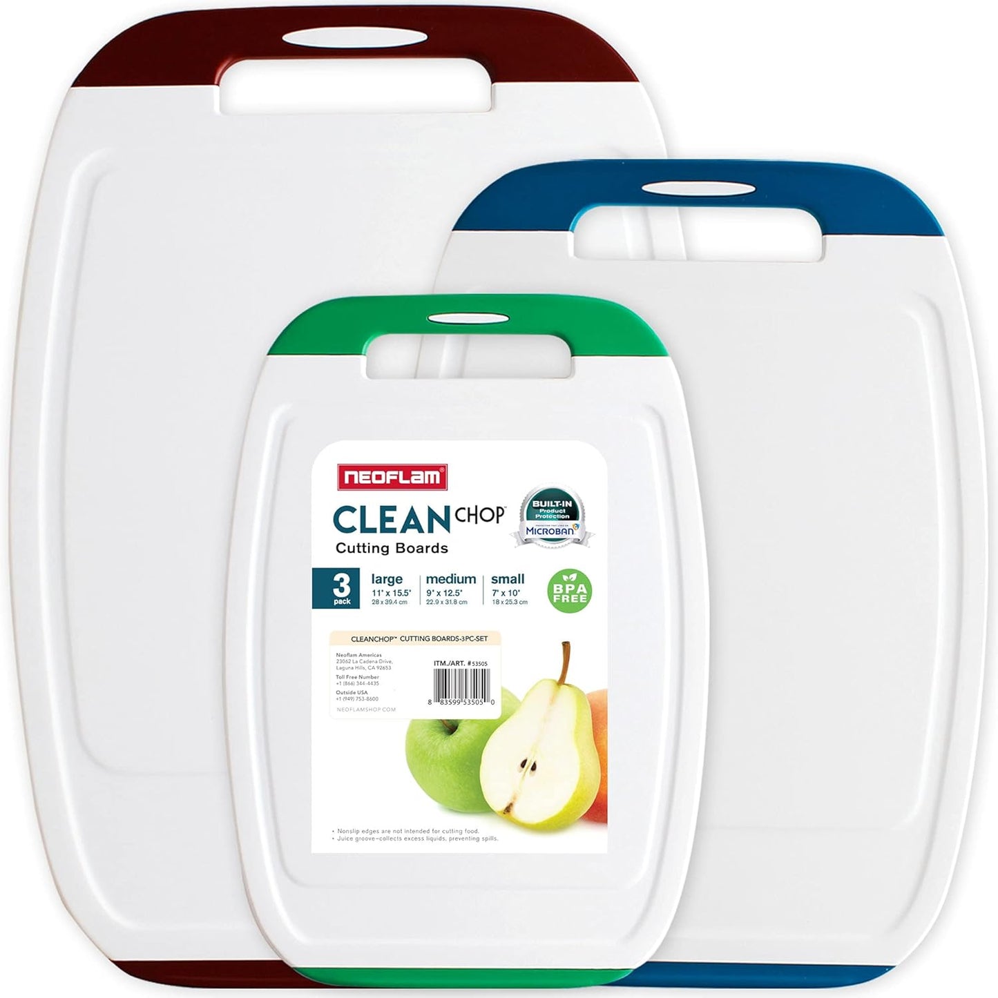 Microban Antimicrobial Plastic Cutting Board 3 Sets, BPA Free, Non-Slip EZ Grip Handle, Dishwasher Safe, Stain & Odor Free, Reversible Board, Larger Juice Groove, Multicolor