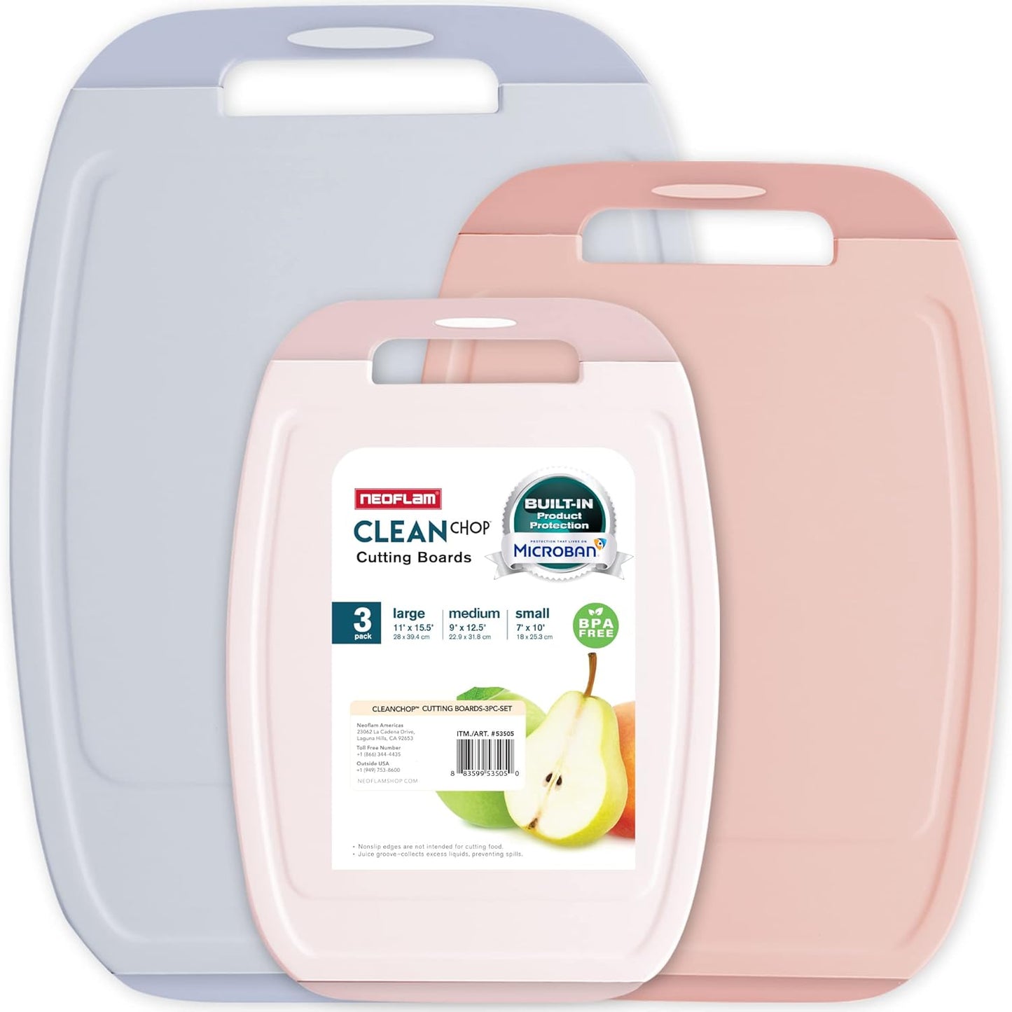 Microban Antimicrobial Plastic Cutting Board 3 Sets, BPA Free, Non-Slip EZ Grip Handle, Dishwasher Safe, Stain & Odor Free, Reversible Board, Larger Juice Groove, Multicolor