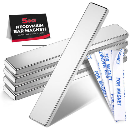 Strong Neodymium Magnets, 5 Pack-2.36x0.39x0.12In | Rare Earth Metal Bar Magnet with Adhesive Backing, Heavy Duty Magnetic Strip for Fridge, Office, Kitchen, Sliver