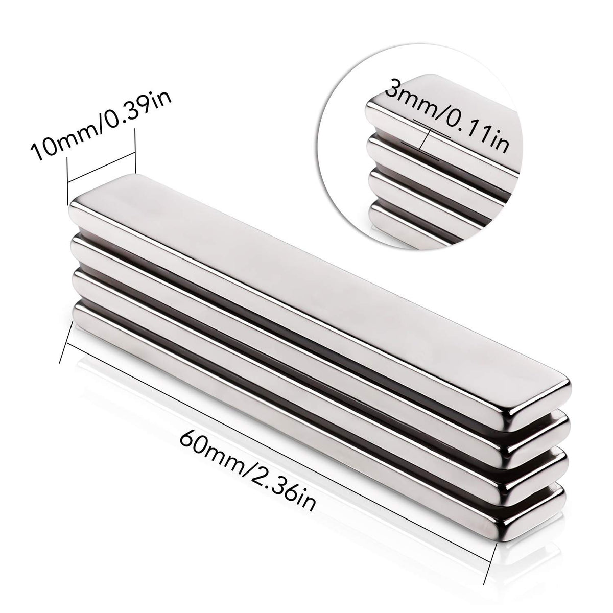 Strong Neodymium Magnets, 5 Pack-2.36x0.39x0.12In | Rare Earth Metal Bar Magnet with Adhesive Backing, Heavy Duty Magnetic Strip for Fridge, Office, Kitchen, Sliver
