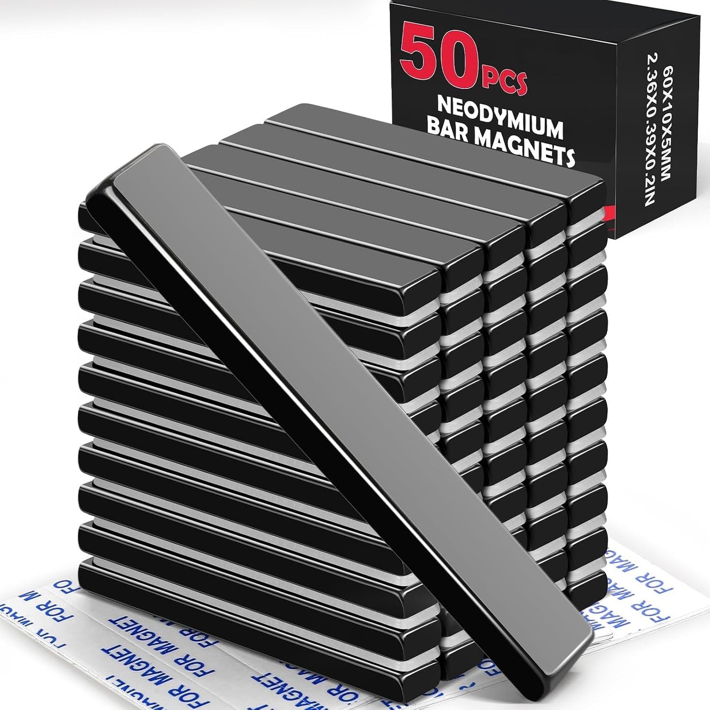 Strong Neodymium Magnets, 5 Pack-2.36x0.39x0.12In | Rare Earth Metal Bar Magnet with Adhesive Backing, Heavy Duty Magnetic Strip for Fridge, Office, Kitchen, Sliver