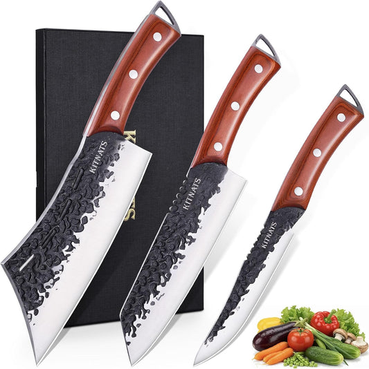 Butcher Knife Set, 3PCS Hand Forged Full Tang BBQ Knife Set | Gift-ready kitchen knives with meat cleaver, chef knife and boning knife for chopping, slicing and trimming.