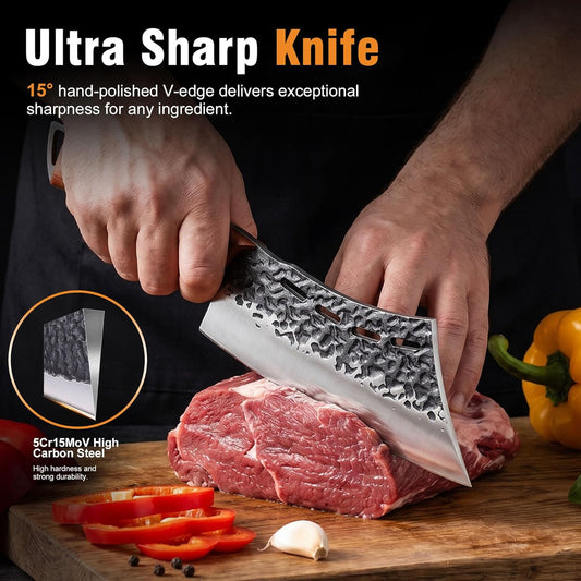 Butcher Knife Set, 3PCS Hand Forged Full Tang BBQ Knife Set | Gift-ready kitchen knives with meat cleaver, chef knife and boning knife for chopping, slicing and trimming.