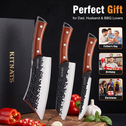 Butcher Knife Set, 3PCS Hand Forged Full Tang BBQ Knife Set | Gift-ready kitchen knives with meat cleaver, chef knife and boning knife for chopping, slicing and trimming.
