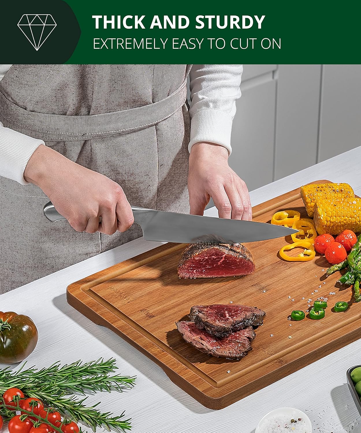 Bamboo Cutting Board with Juice Groove - Kitchen Chopping Board for Meat Cheese and Vegetables, Heavy Duty Serving Tray