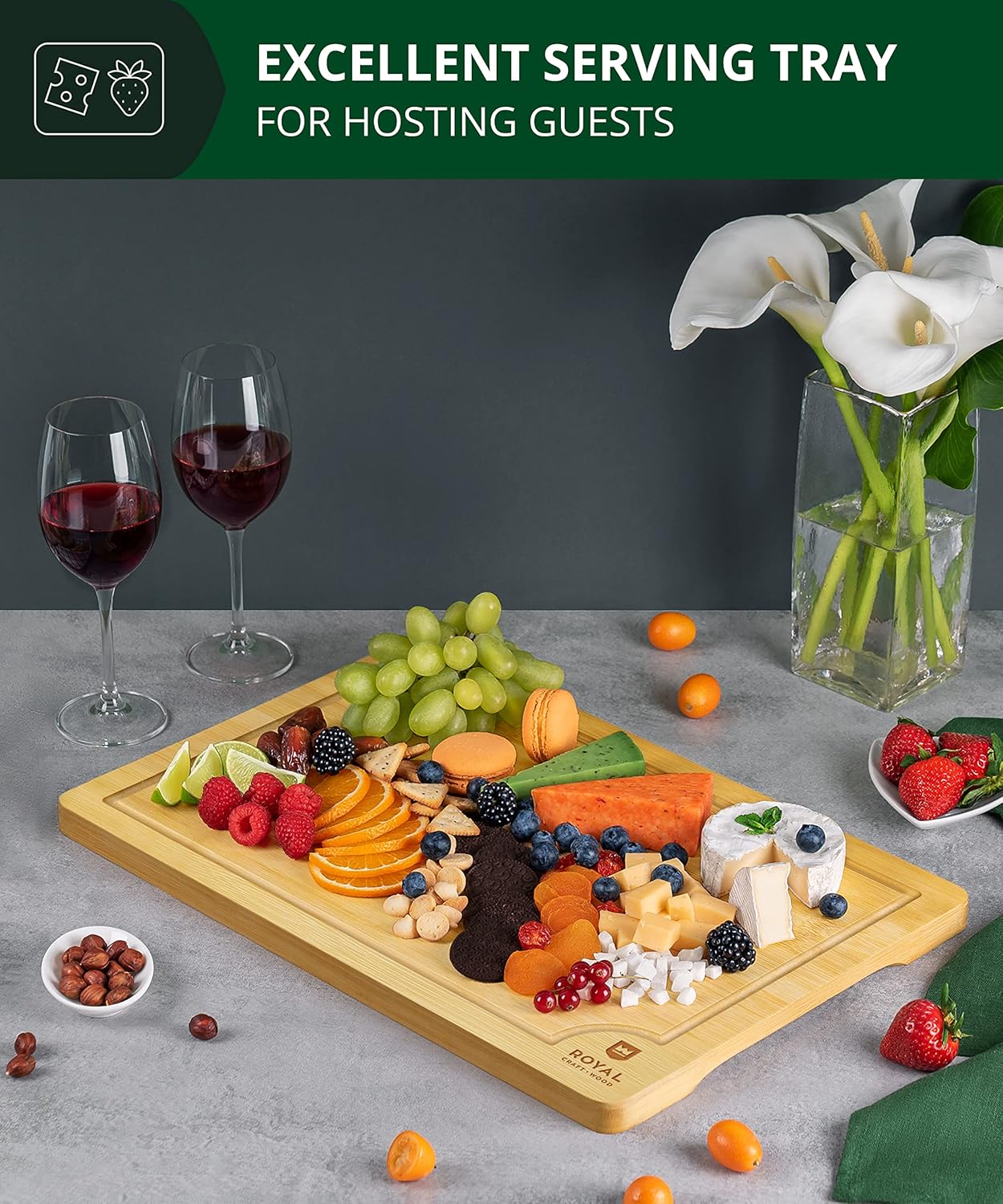 Bamboo Cutting Board with Juice Groove - Kitchen Chopping Board for Meat Cheese and Vegetables, Heavy Duty Serving Tray