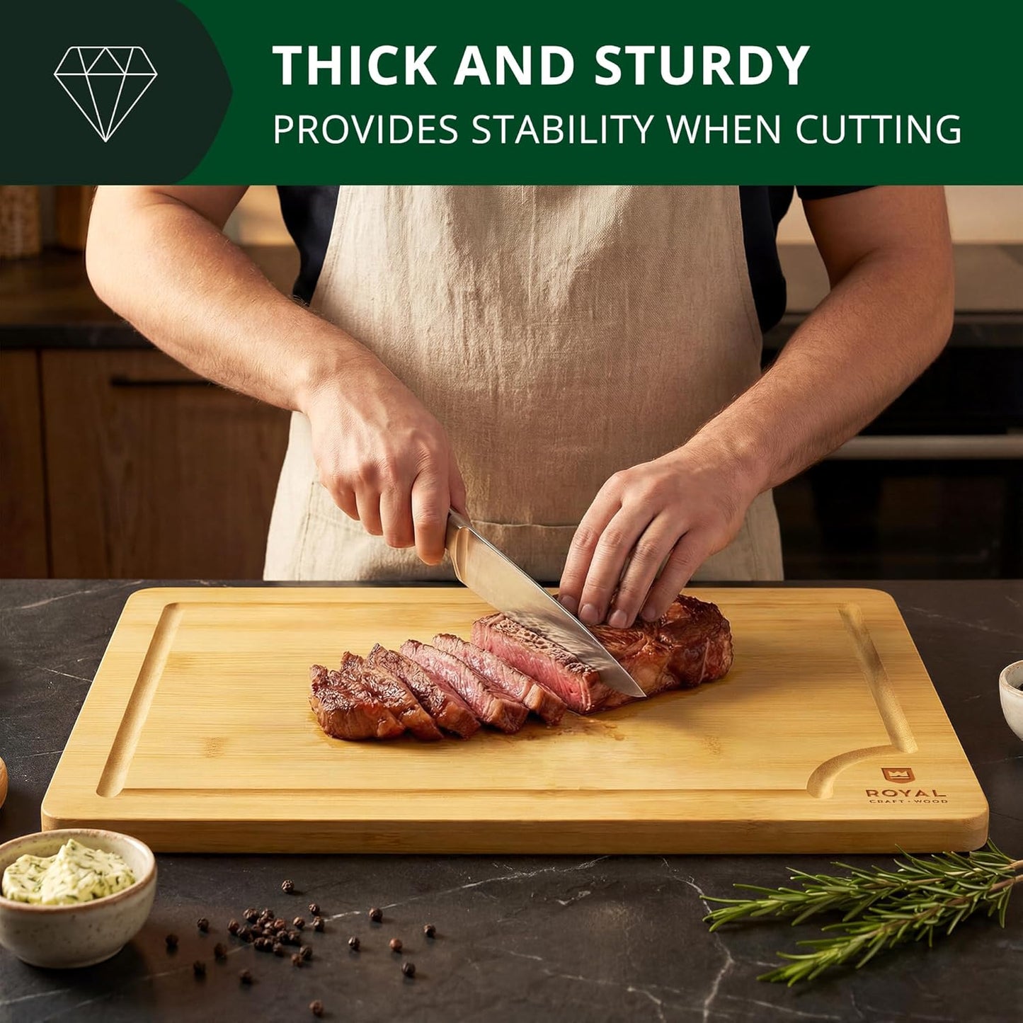 Bamboo Cutting Board with Juice Groove - Kitchen Chopping Board for Meat Cheese and Vegetables, Heavy Duty Serving Tray